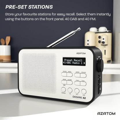 DAB/DAB+ & FM Portable Digital Radio | Simple Controls | Dual Alarms & Sleep Timer | Battery & Mains Powered (4x”AA”) | Bluetooth | Perfect for Home, Office or Outdoors | AZATOM Desire X2 (Black)