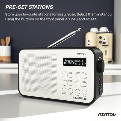 DAB/DAB+ & FM Portable Digital Radio | Simple Controls | Dual Alarms & Sleep Timer | Battery & Mains Powered (4x”AA”) | Bluetooth | Perfect for Home, Office or Outdoors | AZATOM Desire X2 (Black)
