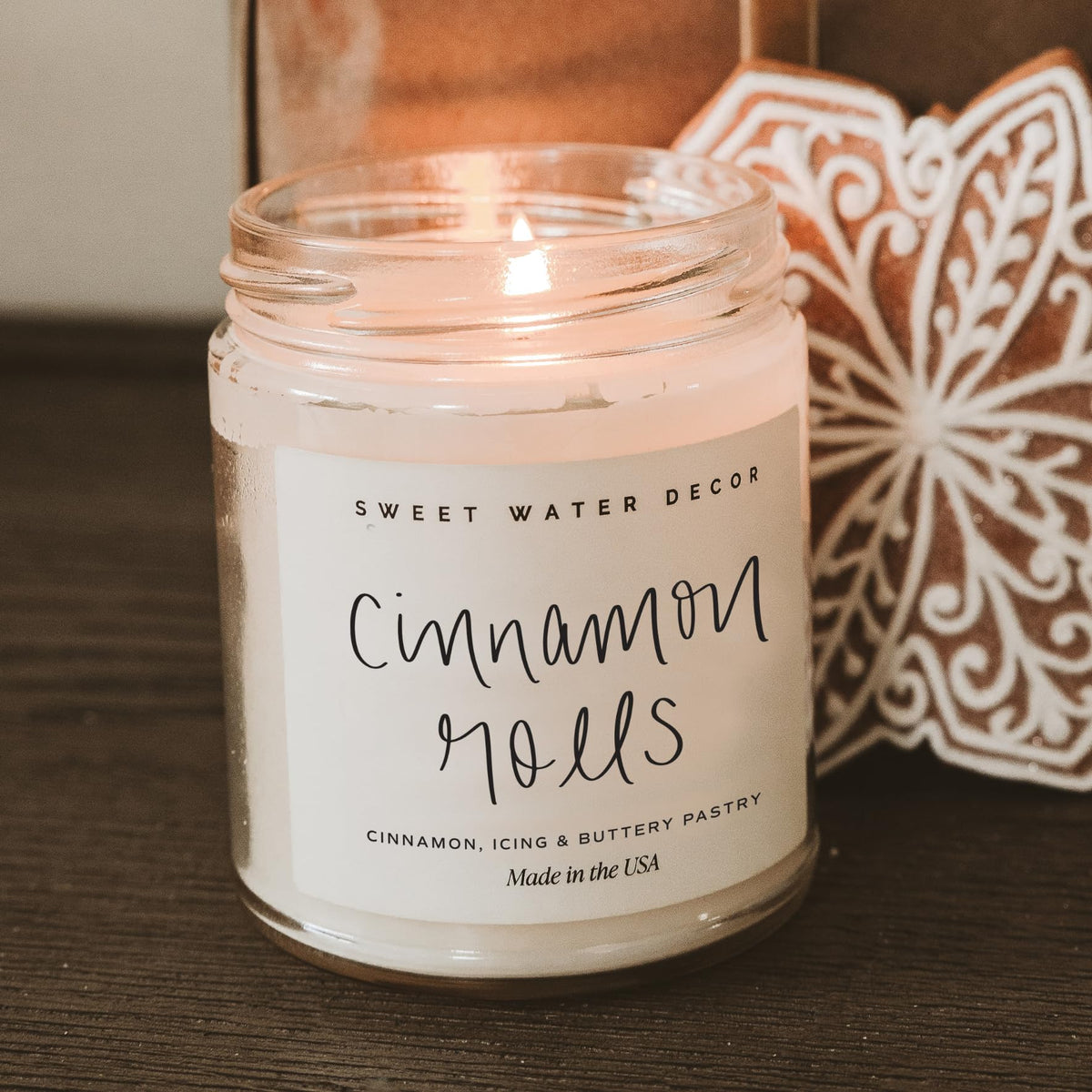 Sweet Water Decor Cinnamon Roll Candle, 9oz Clear Jar, Fall Scent