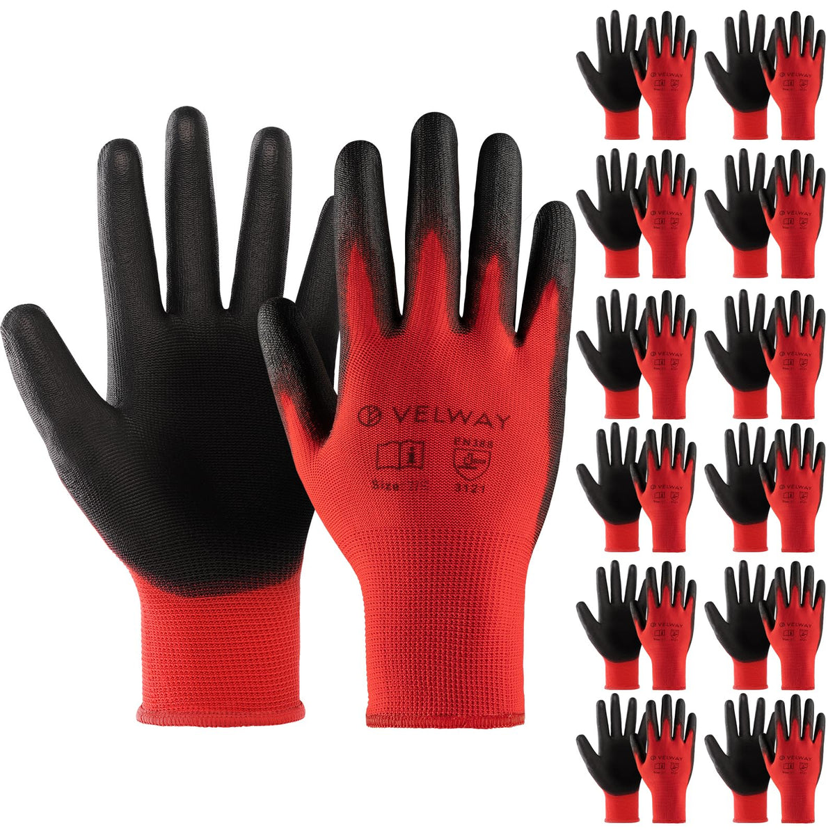 Velway 12 Pairs Work Gloves PU Coated for Men Women, Red, Size 9/L