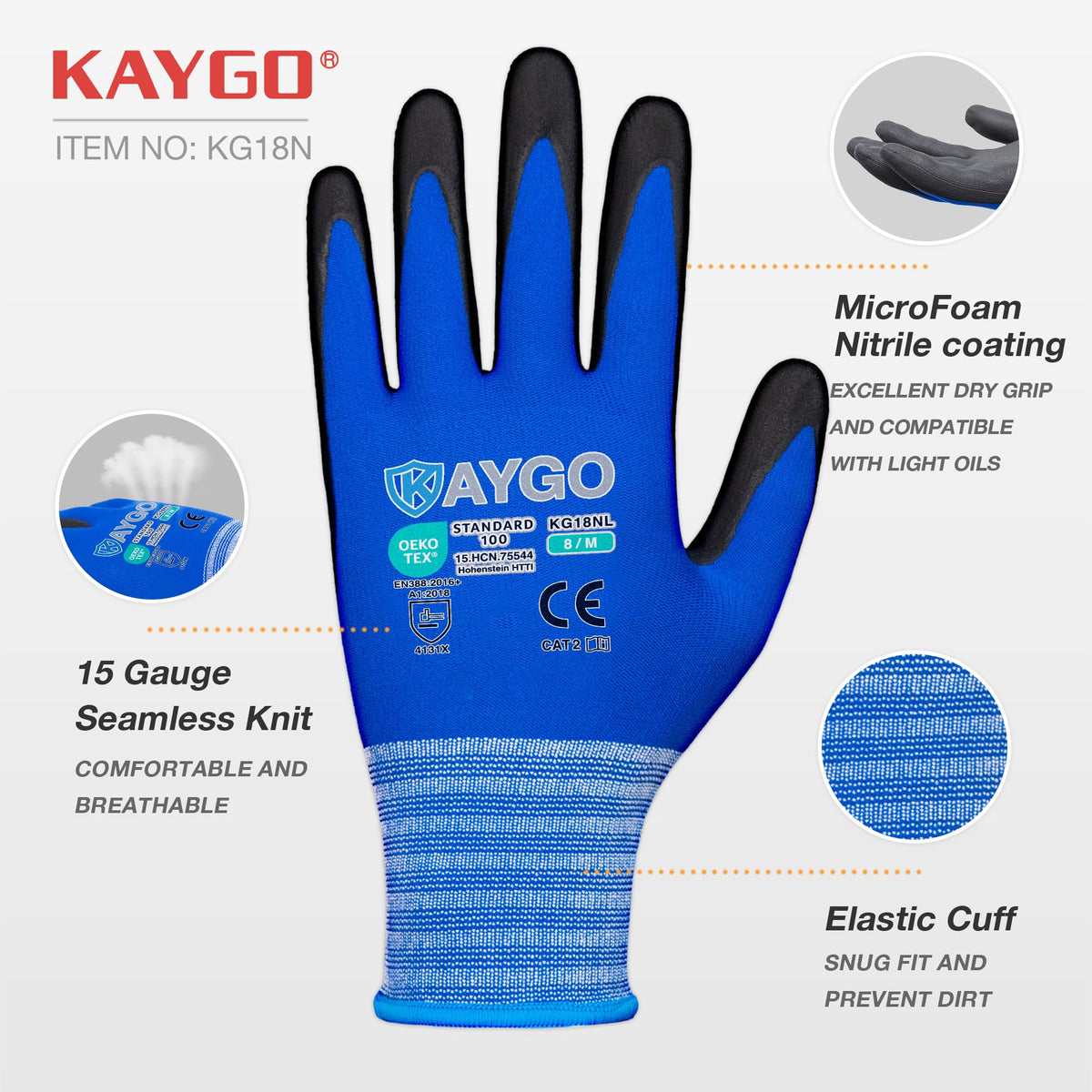 KAYGO Safety Work Gloves MicroFoam Nitrile Coated 12 Pairs, KG18NH