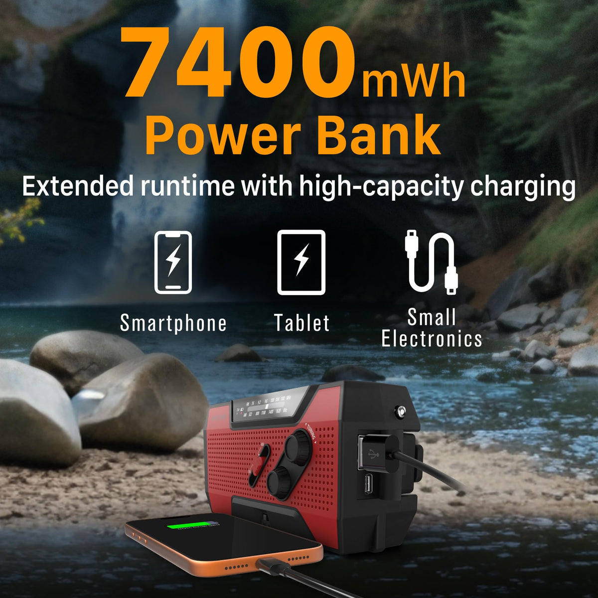 FosPower NOAA Emergency Weather Radio D8 37000mWh Portable Power Bank, AM/FM, USB/Solar/Hand Crank Charging, SOS Alarm & Flashlight for Indoor/Outdoor Emergency - Orange