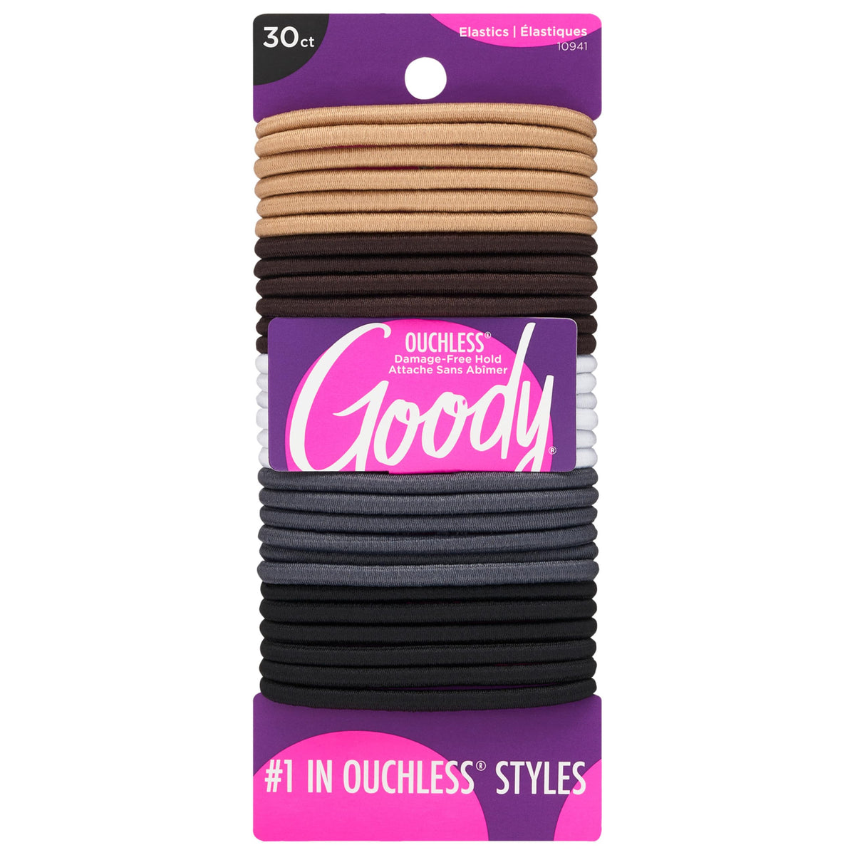 Goody Ouchless Elastic Hair Ties, 30 Ct, Black, 4MM Rubber Bands, Pain-Free