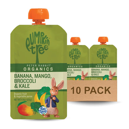 Pumpkin Tree Peter Rabbit Organics, Banana, Mango, and Kale, 4 Squeeze Pouch, Mango, Broccoli & Kale, 4.4 Ounce (Pack of 10)