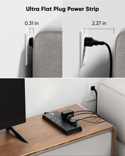 Surge Protector Power Strip 4800J, LeZone 10Ft Long Extension Cord Flat Plug, 20 Outlets 4 USB-A 4 USB-C Ports, Wall Mountable, Home Office Dorm Essentials, Black