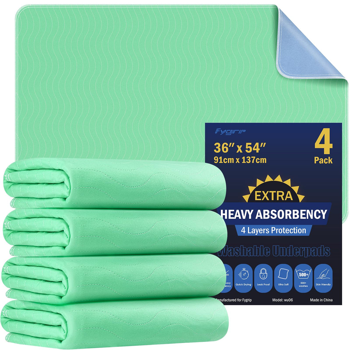 Fygrip 4 Pack 36” x 36” Extra Heavy Absorbency Washable Underpads Bed Pads