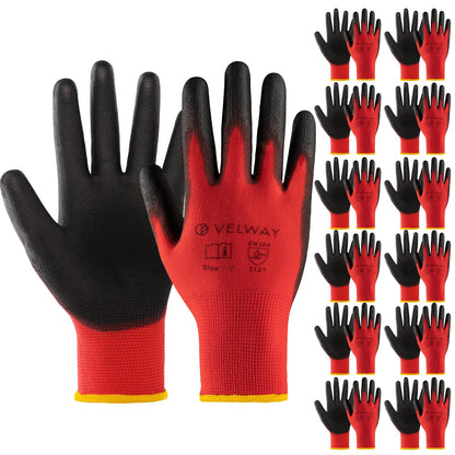 Velway 12 Pairs Work Gloves PU Coated for Men Women, Red, Size 9/L