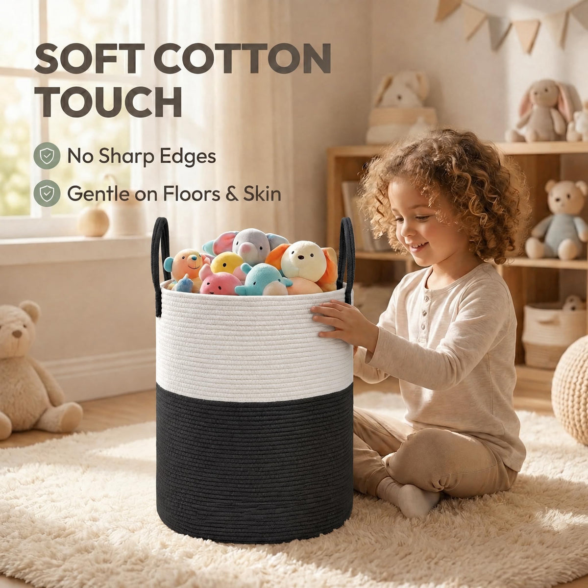 JMvicyroam 80L Nursery Hamper, Cotton Rope Laundry Basket, Brown&Black
