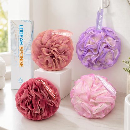 AmazerBath Loofah Sponge 75g/Piece, Exfoliating Bath Sponge Body Scrubber - Loofa Set of 4 Flower Color (Large, Green-Purple)