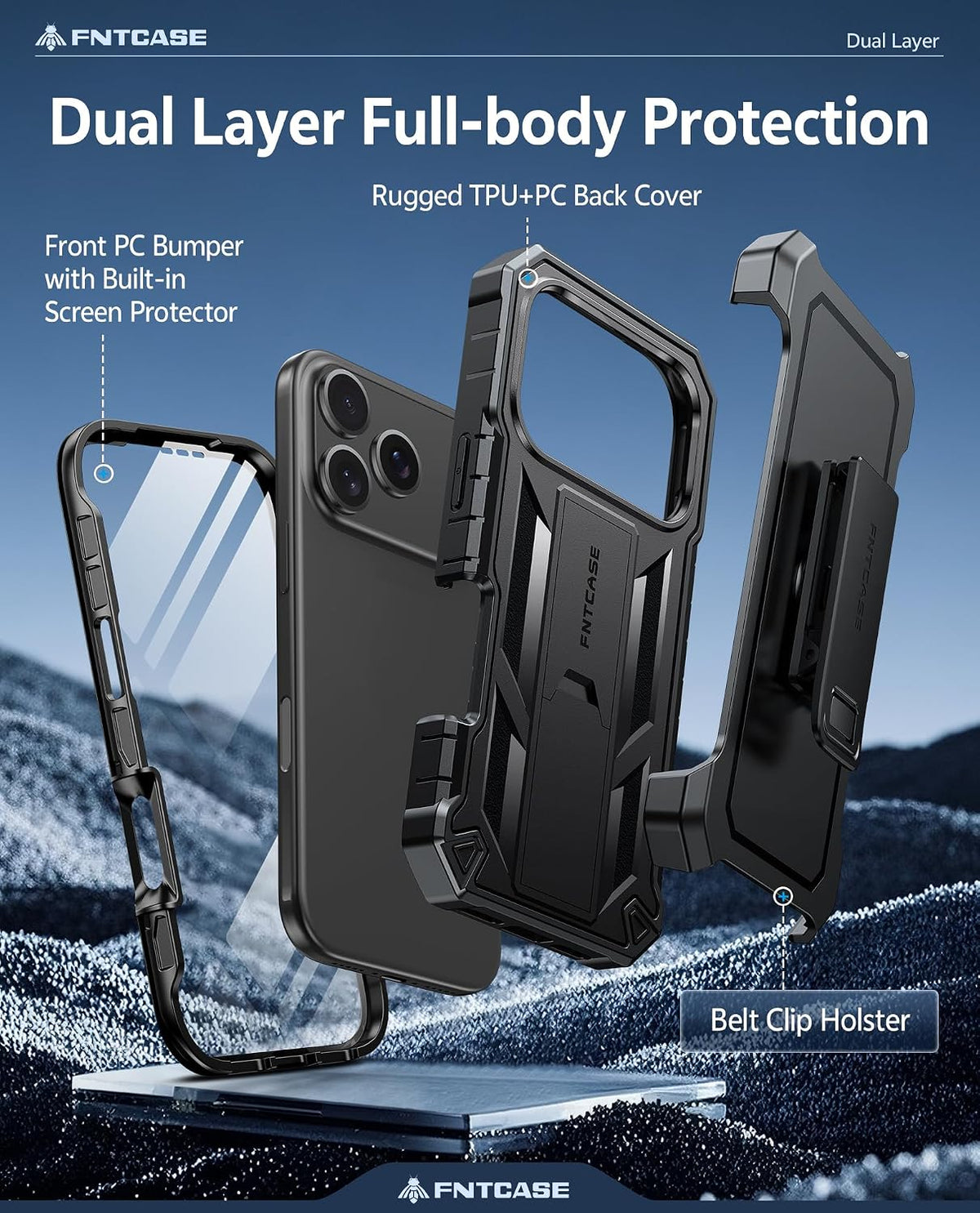FNTCASE for iPhone 16 Case with Belt Clip and Built-in Screen Protector