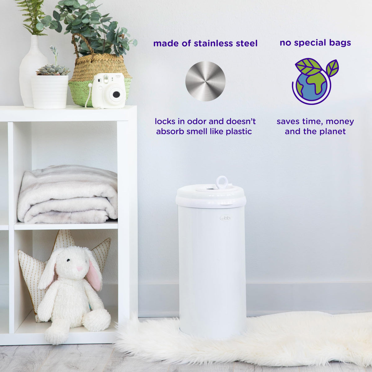 Ubbi Stainless Steel Diaper Pail, No Special Bags, Odor-Locking, White