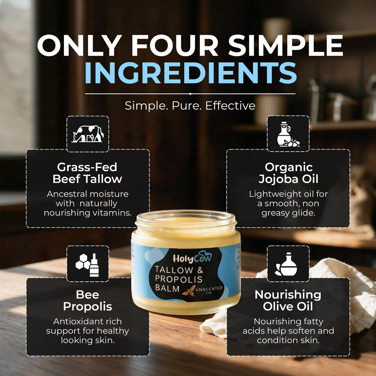 HolyCow Grass Fed Beef Tallow For Skin with Jojoba Oil, 2 Ounce - Unscented
