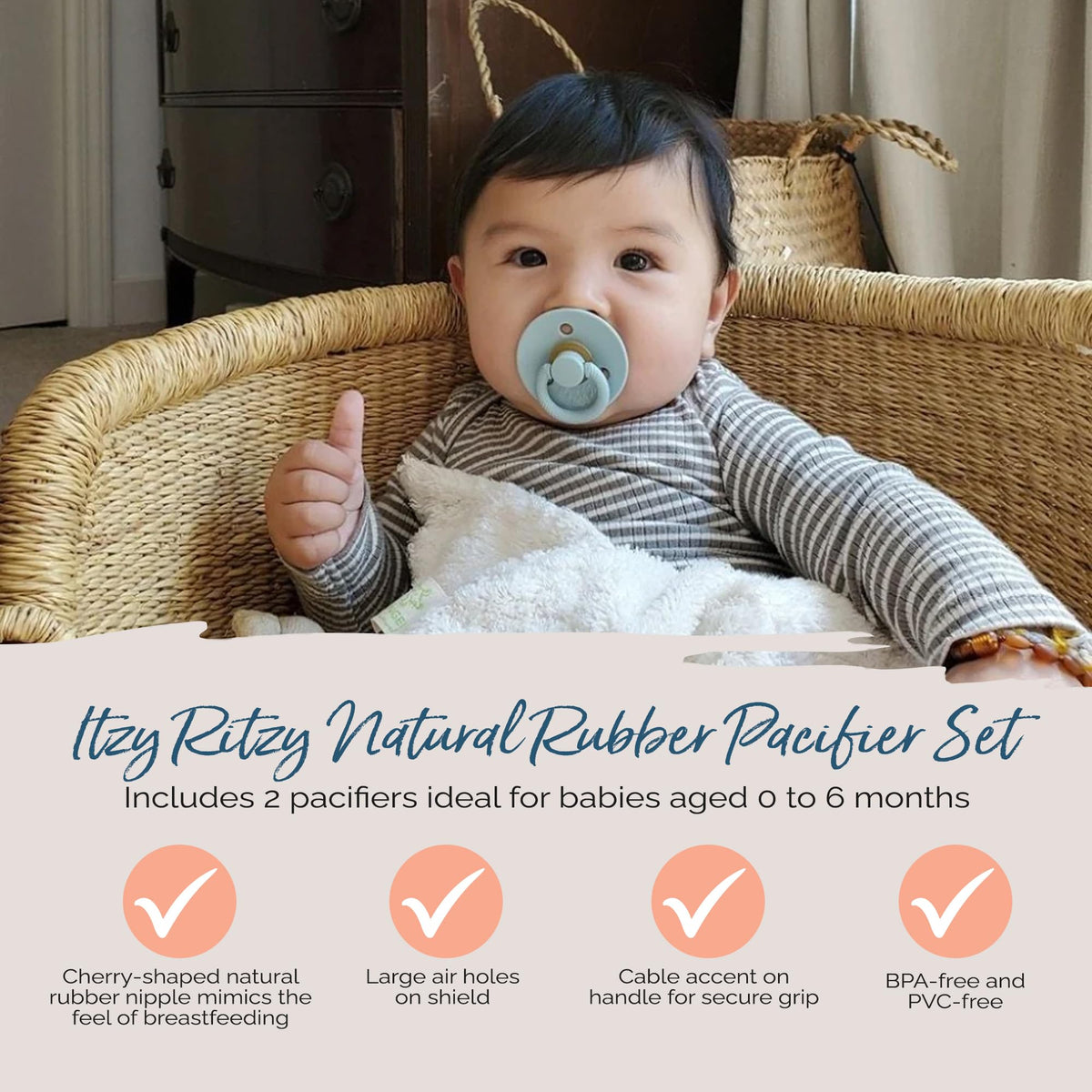 Itzy Ritzy Natural Rubber Pacifiers for 0–6 Mos, Set of 2, Blossom/Rosewood