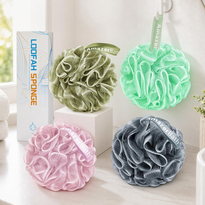 AmazerBath Loofah Sponge 75g/Piece, Exfoliating Bath Sponge Body Scrubber - Loofa Set of 4 Flower Color (Large, Green-Purple)