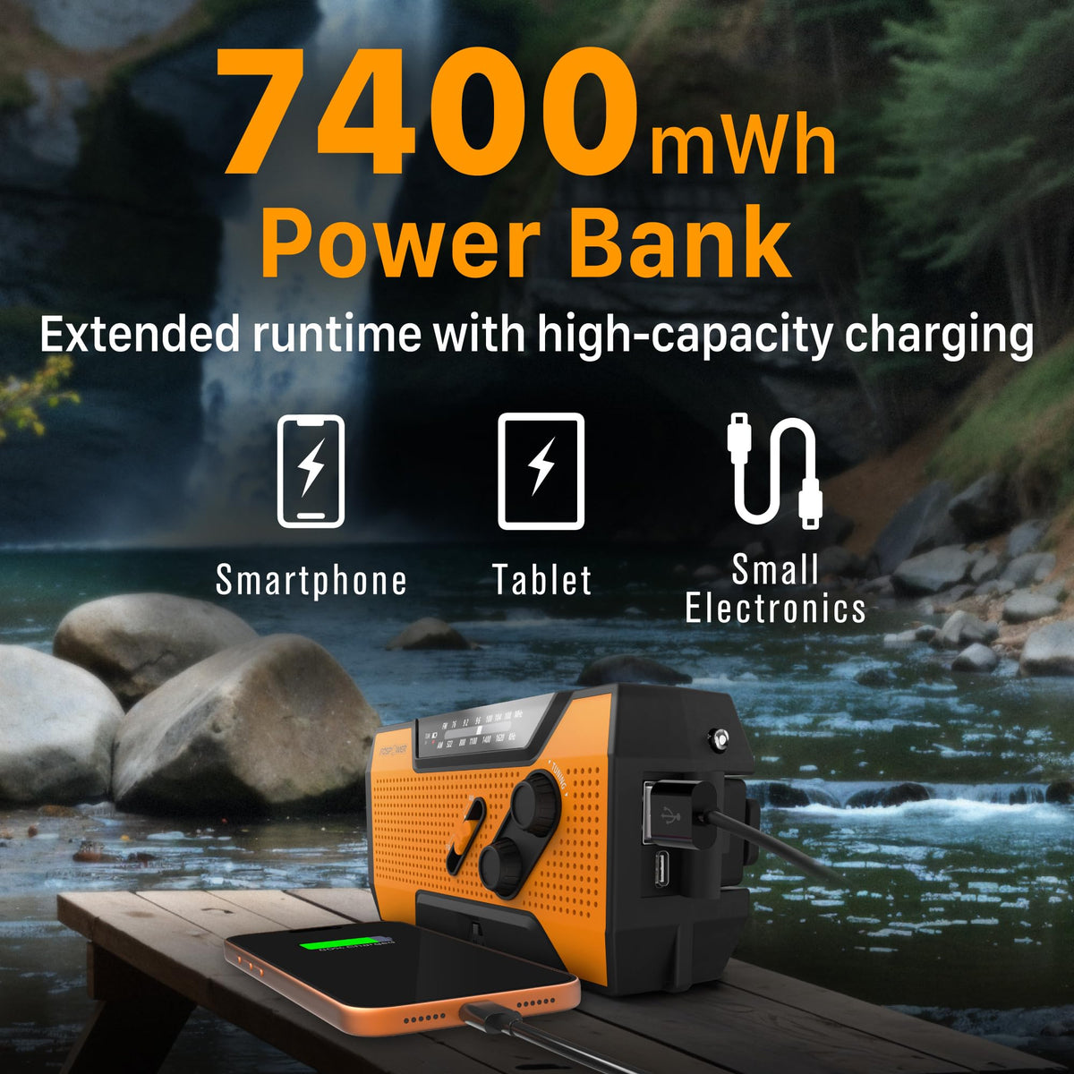 FosPower NOAA Emergency Weather Radio D8 37000mWh Portable Power Bank, AM/FM, USB/Solar/Hand Crank Charging, SOS Alarm & Flashlight for Indoor/Outdoor Emergency - Orange