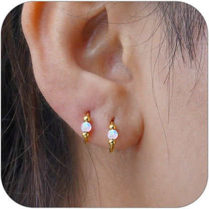 2PCS 18G Opal Cartilage Hoop Earrings, Hypoallergenic Silver Huggie Hoops
