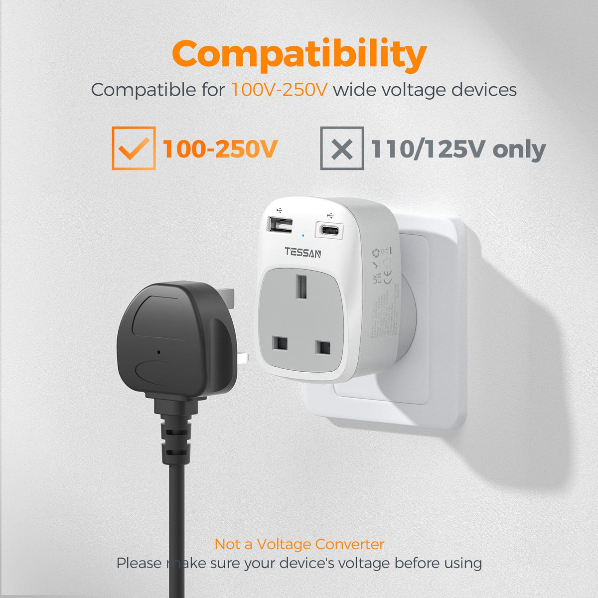TESSAN UK to South Africa Plug Adapter, Type M Travel Adapter with USB C