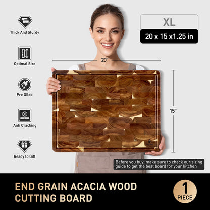 End Grain Cutting Board for Kitchen with Non-slip Feet, Acacia Wood