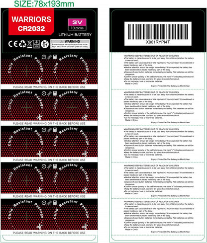 Warriors 10X CR2032 Batteries, 3V 240mAh Lithium Coin Batteries