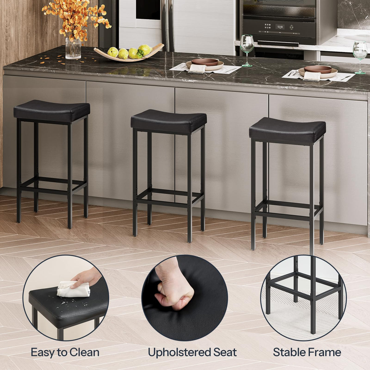 HOOBRO Bar Stools, Set of 2 Bar Chairs, Counter Height Stools, Saddle Barstools with Curved Surface, 24.8 Inches, 2.4" Thick Upholstery, for Kitchen, Dining Room, Cafe Black BB10BY01