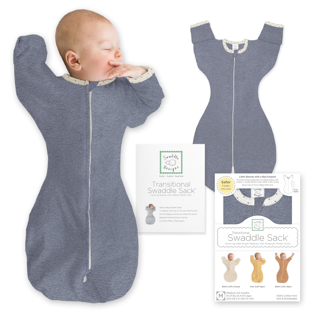 SwaddleDesigns Transitional Swaddle Sack, Cotton, Heathered Gray, 6-9mo
