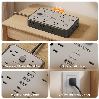6 FT Surge Protector Power Strip with 6 USB, 16 Outlets, 2400J