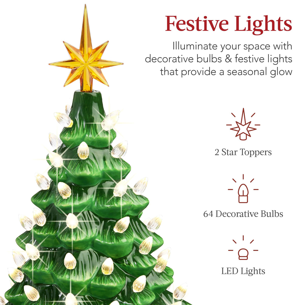 Best Choice Products 15in Ceramic Christmas Tree, Pre-lit Hand-Painted Tabletop Holiday Tree, Star Topper, 64 Lights - Green w/Multicolored Bulbs