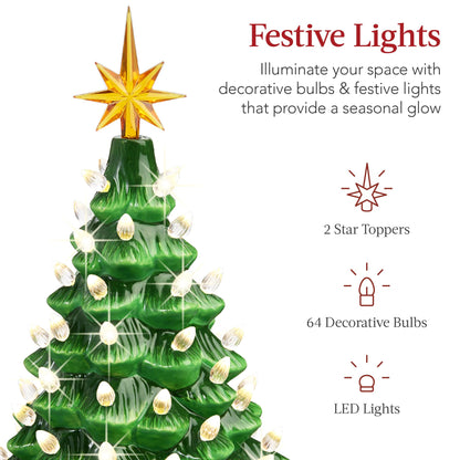 Best Choice Products 15in Ceramic Christmas Tree, Pre-lit Hand-Painted Tabletop Holiday Tree, Star Topper, 64 Lights - Green w/Multicolored Bulbs