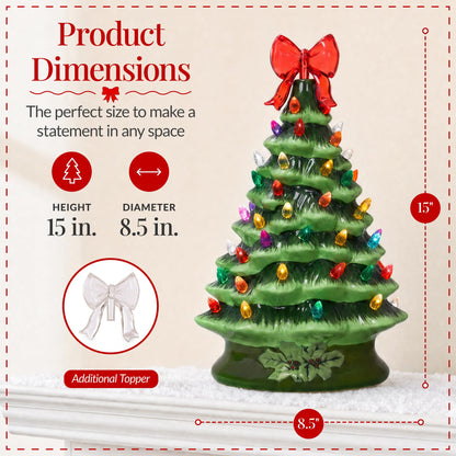 Best Choice Products 15in Ceramic Christmas Tree, Pre-lit Hand-Painted Tabletop Holiday Tree, Star Topper, 64 Lights - Green w/Multicolored Bulbs