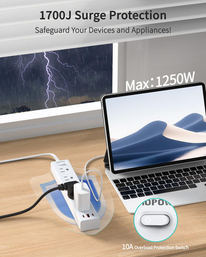 5 Outlets 2 Prong Power Strip with 3USB, 6FT Extension Cord for Old House