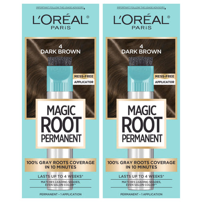 L'Oreal Paris Magic Root Permanent Hair Color Kit, 100% Gray Hair Coverage In Just 10 Minutes, Precision Brush Applicator for Seamless Application, 4 Dark Brown (1 Count)