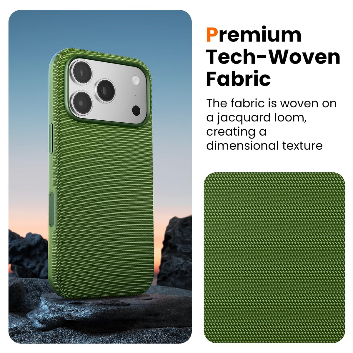 Mkeke for iPhone 17 Pro Max Case Techwoven Green, [Compatible with MagSafe] [Camera Control Cover] [Premium Tech Woven Fabric] [Drop Protection] Shockproof Skin-Friendly