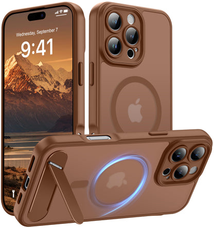Magnetic Compatible with iPhone 16 Case, [Built-in Kickstand][Full Camera Protection][Compatible with MagSafe][Anti-Fingerprint] Shockproof Phone Case for iPhone 16 6.1",Brown