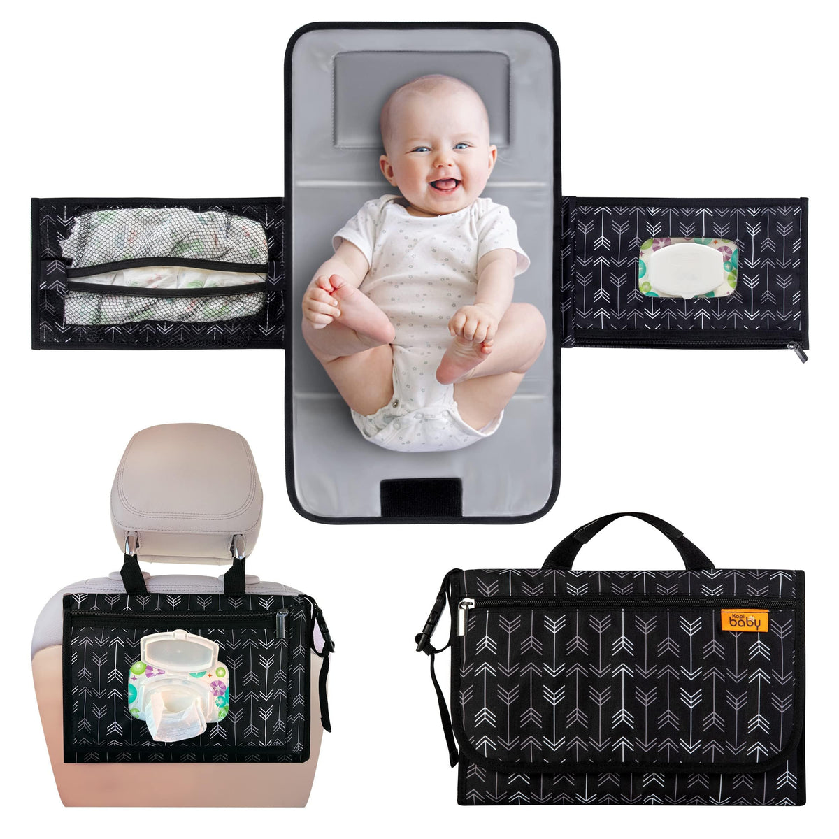 Kopi Baby Portable Diaper Changing Pad, Wipes Pocket, Classic Black Arrows
