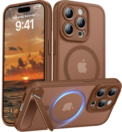 Magnetic Compatible with iPhone 16 Case, [Built-in Kickstand][Full Camera Protection][Compatible with MagSafe][Anti-Fingerprint] Shockproof Phone Case for iPhone 16 6.1",Brown