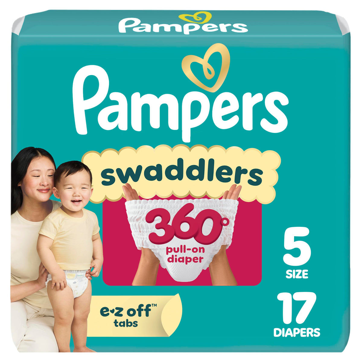 Pampers Diapers - Swaddlers 360° - Size 5, 116 Count, up to 100% Leakproof Comfy Dry Fit, Designed for Easy Changes, Pull On Baby Diaper
