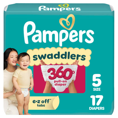 Pampers Diapers - Swaddlers 360° - Size 5, 116 Count, up to 100% Leakproof Comfy Dry Fit, Designed for Easy Changes, Pull On Baby Diaper