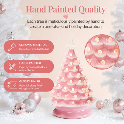 Best Choice Products 15in Ceramic Christmas Tree, Pre-lit Hand-Painted Tabletop Holiday Tree, Star Topper, 64 Lights - Green w/Multicolored Bulbs