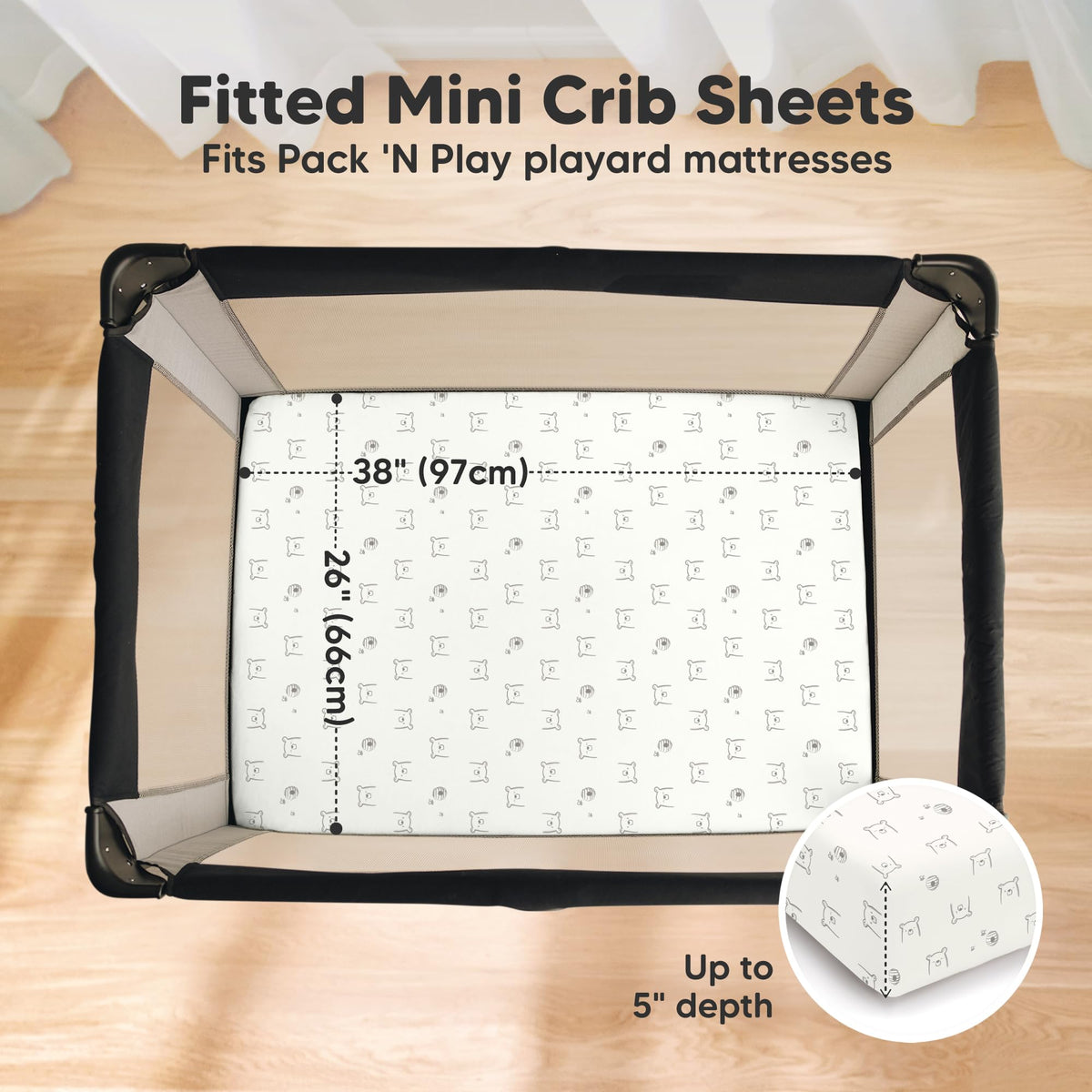 2pk Mini Crib Sheets Fitted 38x26 Pack N Play Mattress Sheet (Bumble Bear)