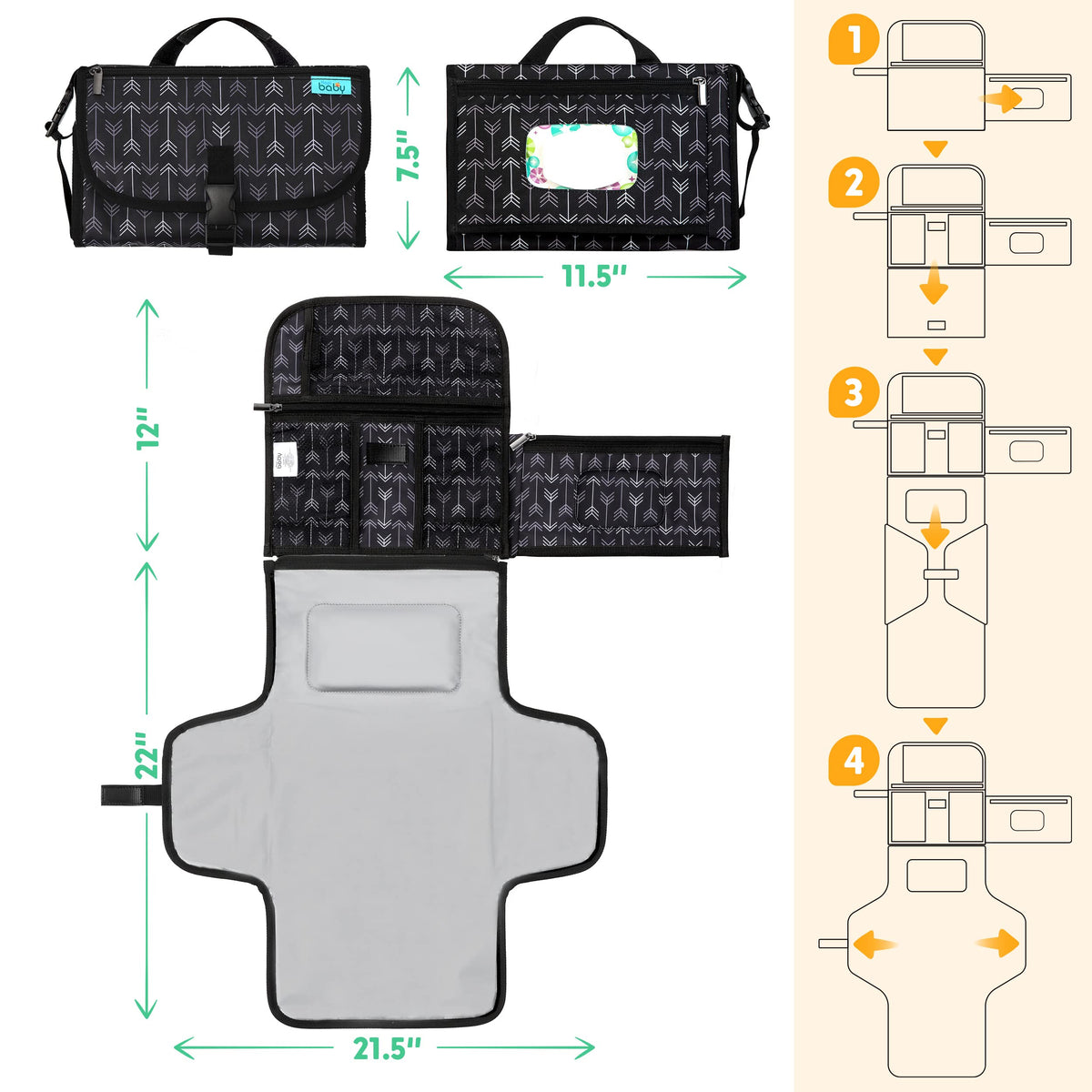 Kopi Baby Portable Diaper Changing Pad, Wipes Pocket, Classic Black Arrows