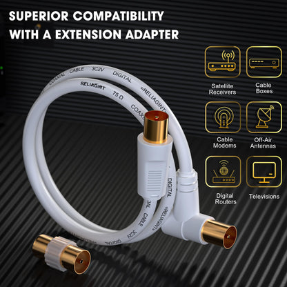TV Aerial Cable 0.5m, 75 Ohm Coaxial Lead, IEC 9.5mm Male to Male 3C2V Pure Copper Dual Shielded, Right-Angle Connector, Female to Female Adaptor Included, Black
