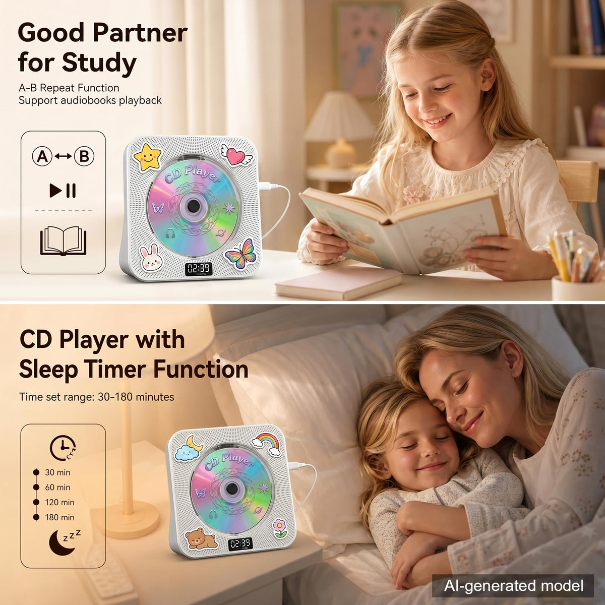 Gueray CD Player Portable Bluetooth Desktop CD Player for Home (Black)