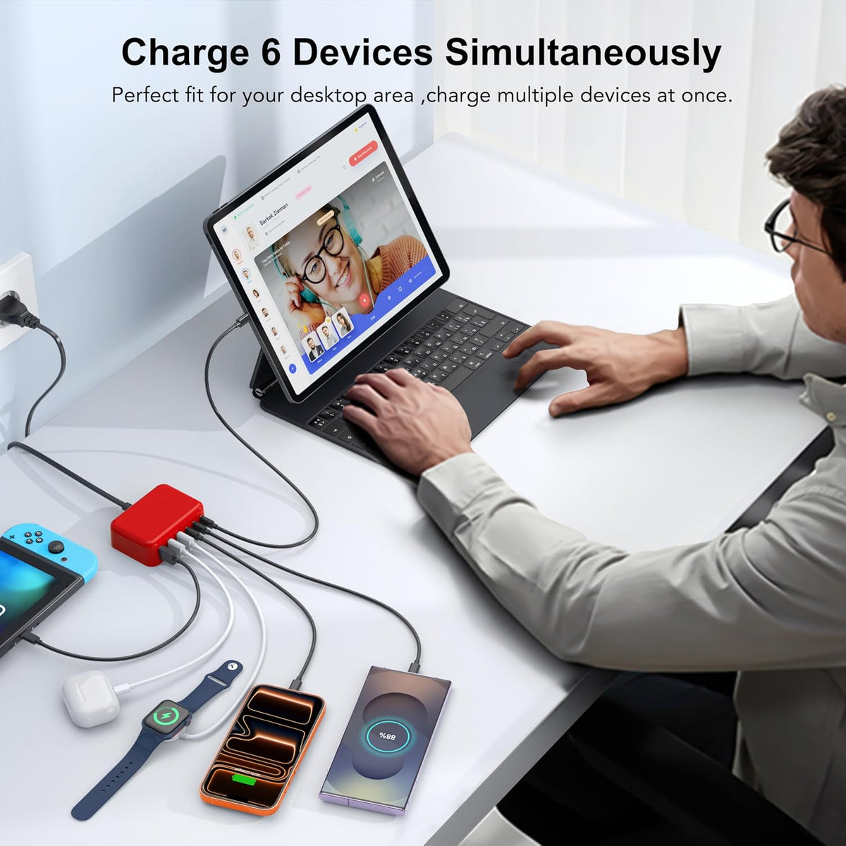 USB Fast Charger Block 50% Smaller 100W Max 6-Port GaN USB Charging Station