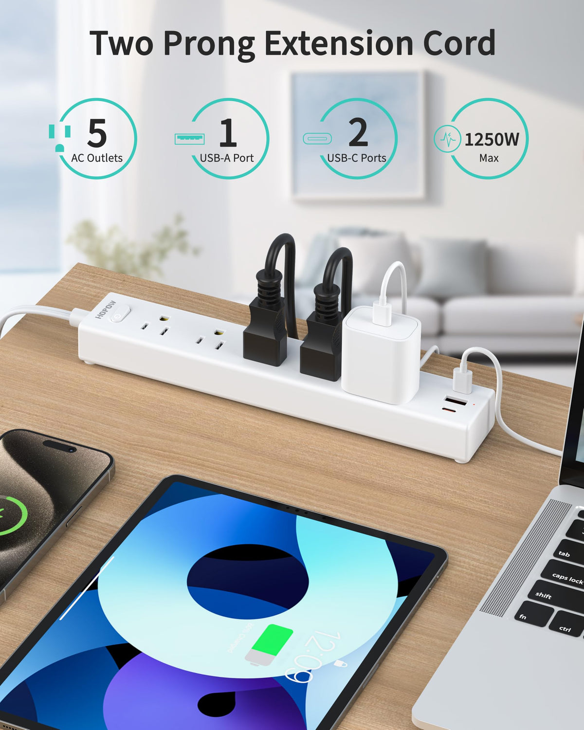 5 Outlets 2 Prong Power Strip with 3USB, 6FT Extension Cord for Old House