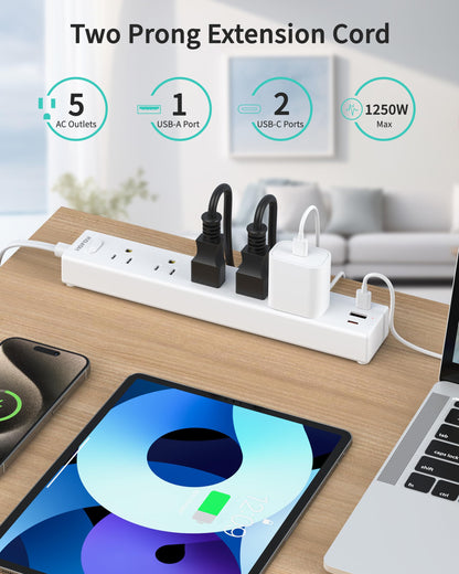 5 Outlets 2 Prong Power Strip with 3USB, 6FT Extension Cord for Old House
