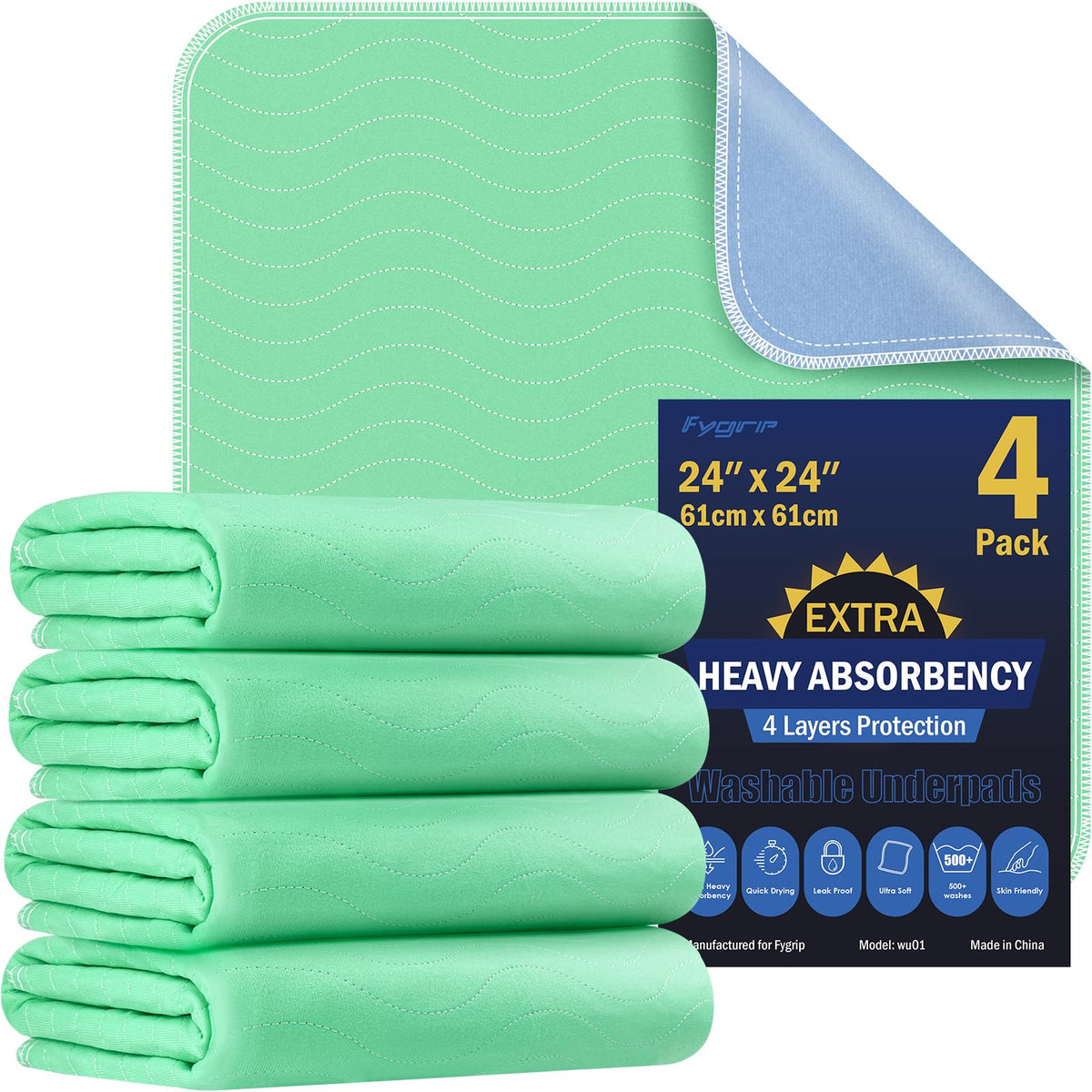 Fygrip 4 Pack 36” x 36” Extra Heavy Absorbency Washable Underpads Bed Pads
