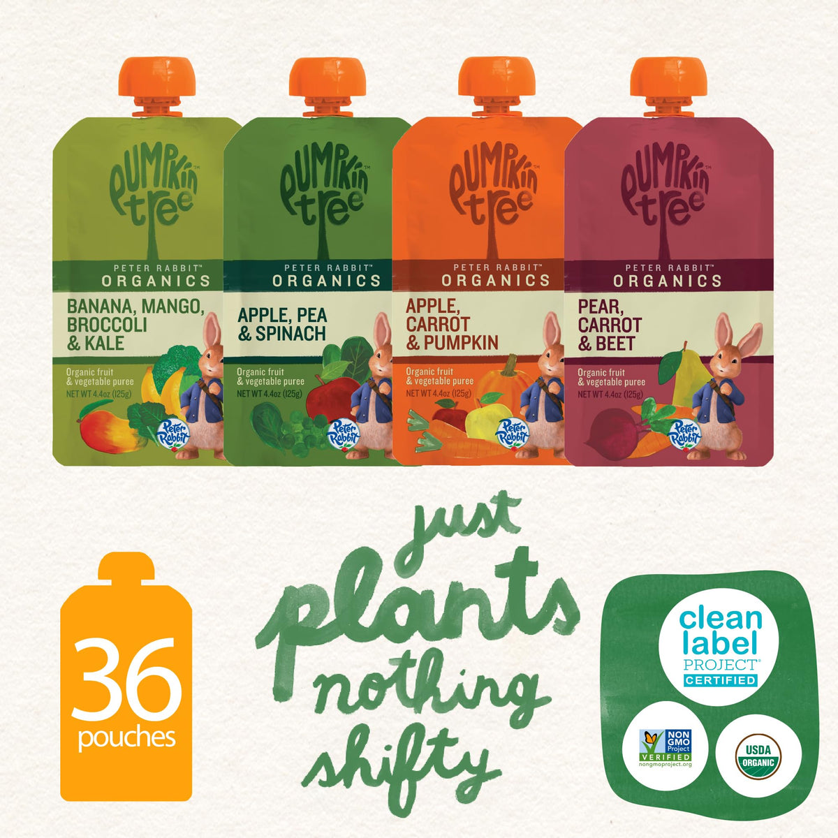 Pumpkin Tree Peter Rabbit Organics, Banana, Mango, and Kale, 4 Squeeze Pouch, Mango, Broccoli & Kale, 4.4 Ounce (Pack of 10)
