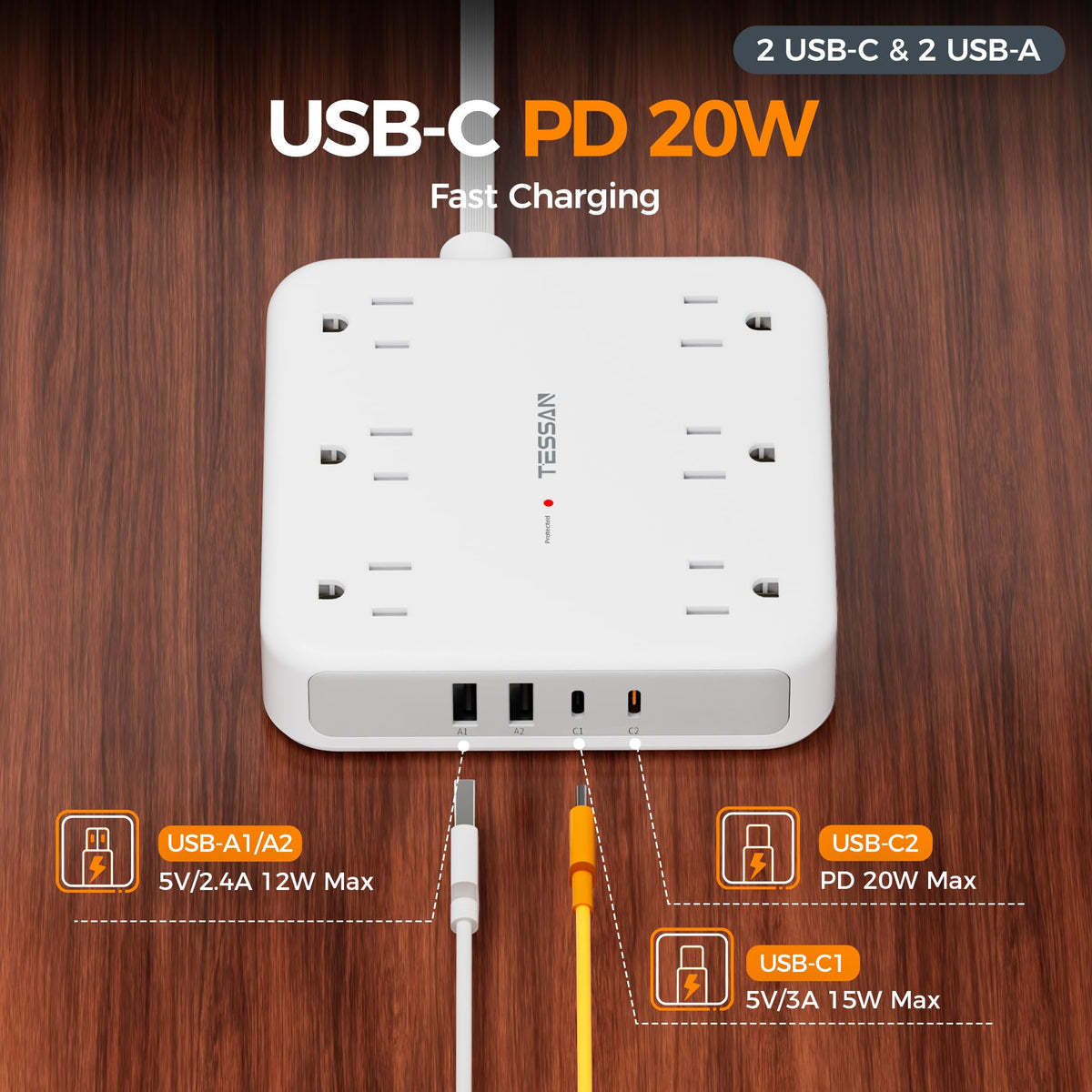 TESSAN Surge Protector Power Strip, 5Ft Flat Plug Extension Cord, White