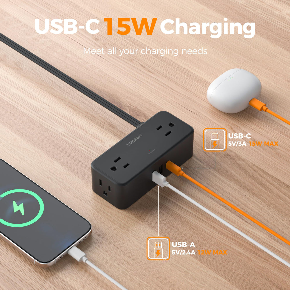 TESSAN Extension Cord 5 FT, Power Strip with 900J Surge Protection, Grey