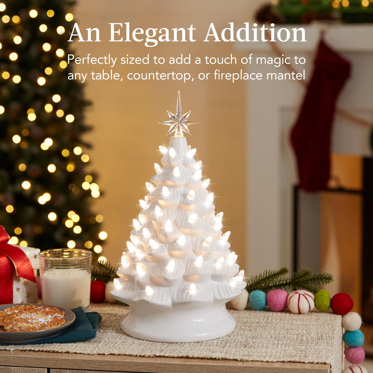 Best Choice Products 15in Ceramic Christmas Tree, Pre-lit Hand-Painted Tabletop Holiday Tree, Star Topper, 64 Lights - Green w/Multicolored Bulbs